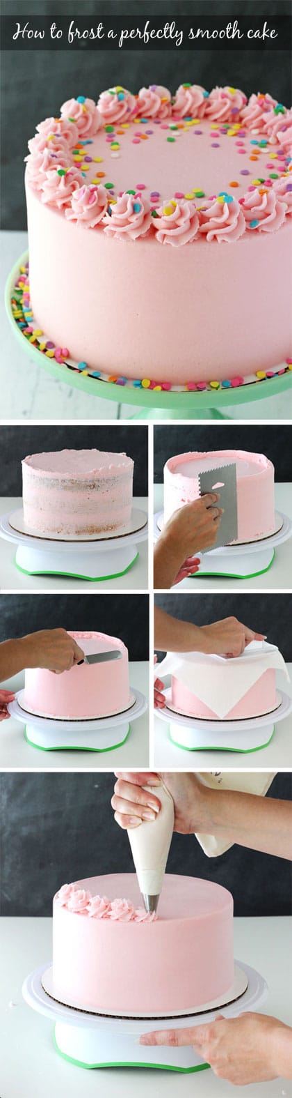 Tutorial - How to frost a perfectly smooth cake with buttercream icing! Images and animated gifs with detailed instructions!