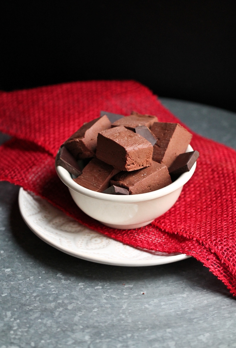 vegan dark chocolate chipotle fudge square in white bowl