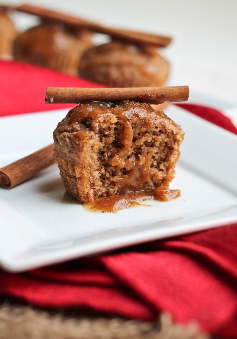 Inside the soft setting of a vegan sweet potato waffle muffin with caramel