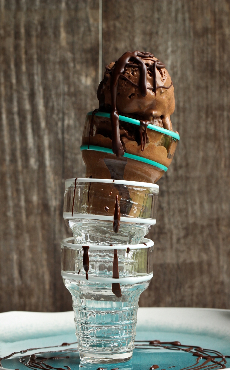 Stacked glass ice cream cones with vegan chocolate ice cream