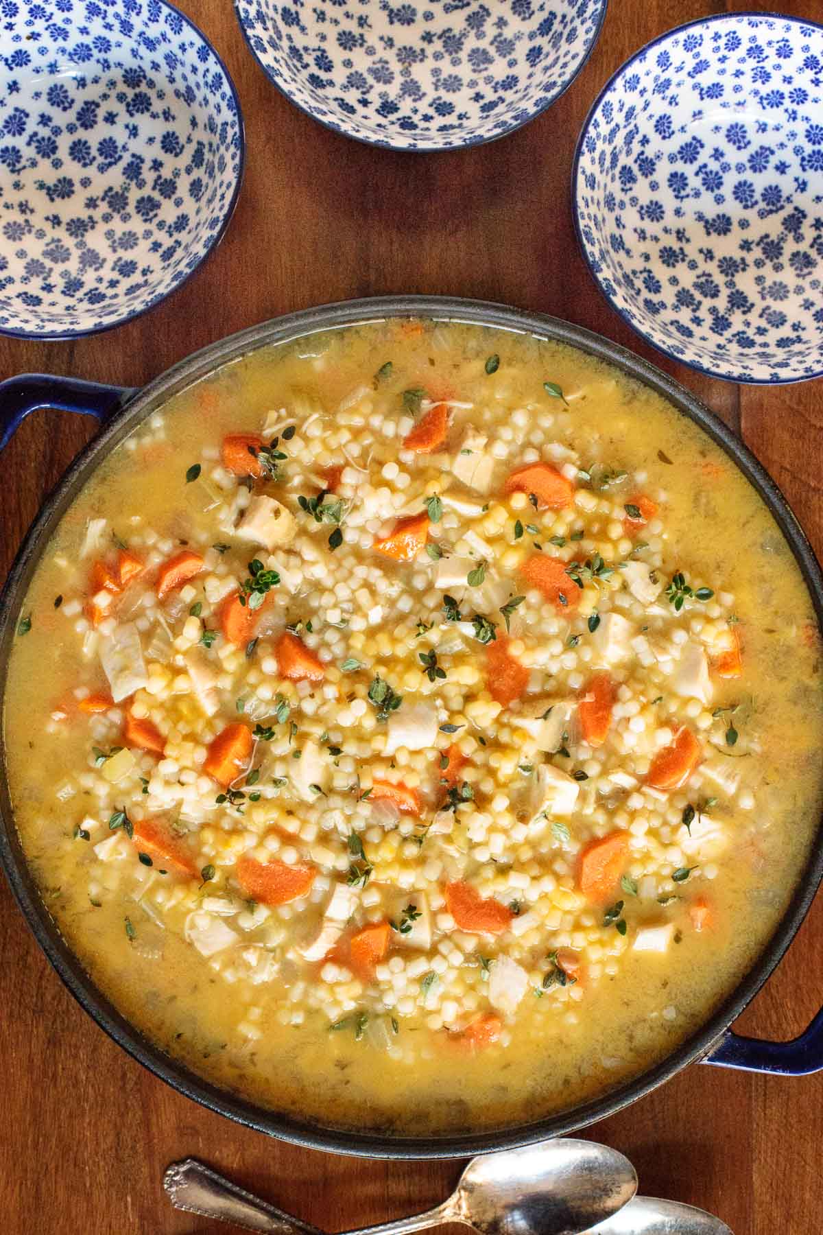 Aerial photo of the oven Homemade chicken noodle soup in the Netherlands.