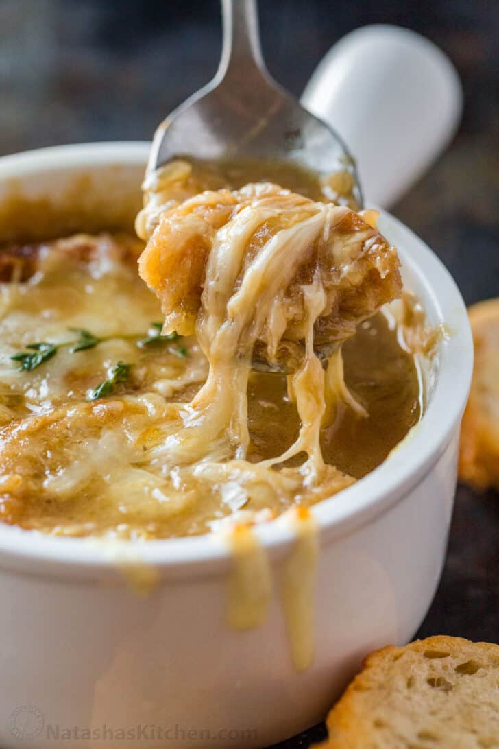 French onion soup with gruyere pulled topping