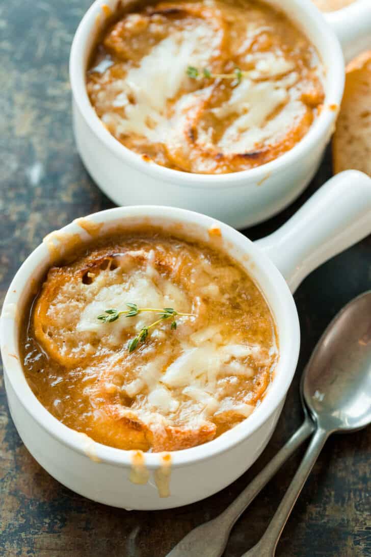 French Onion Soup made in bowls ready to serve