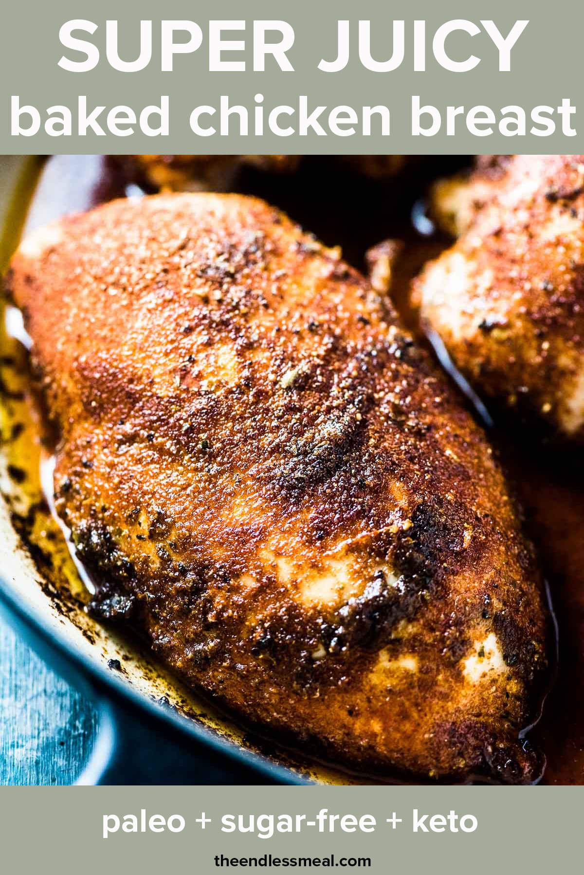 Juicy chicken breast with recipe title at the top of the image.