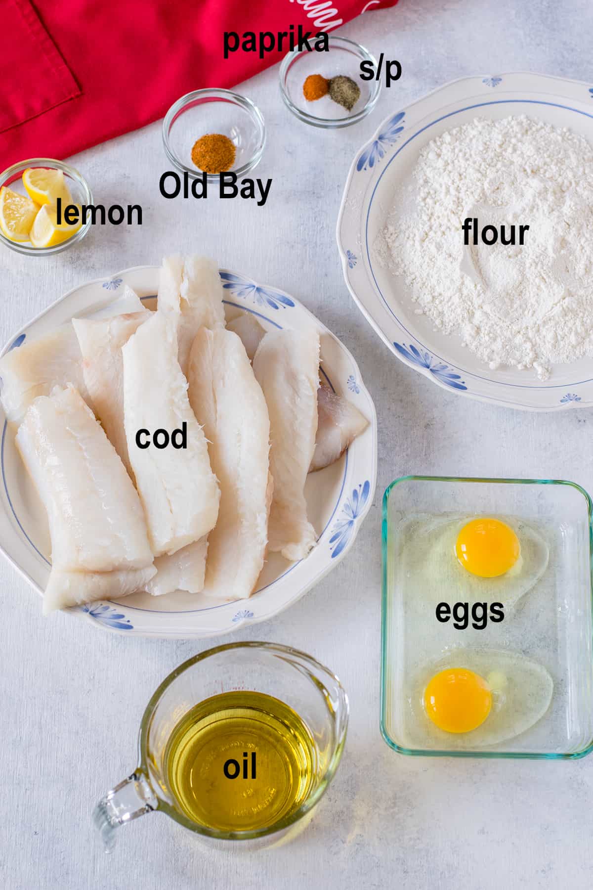 raw fish, lemon, spices, flour, eggs, oil