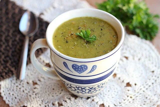 vegan split bean soup in blue and white cup