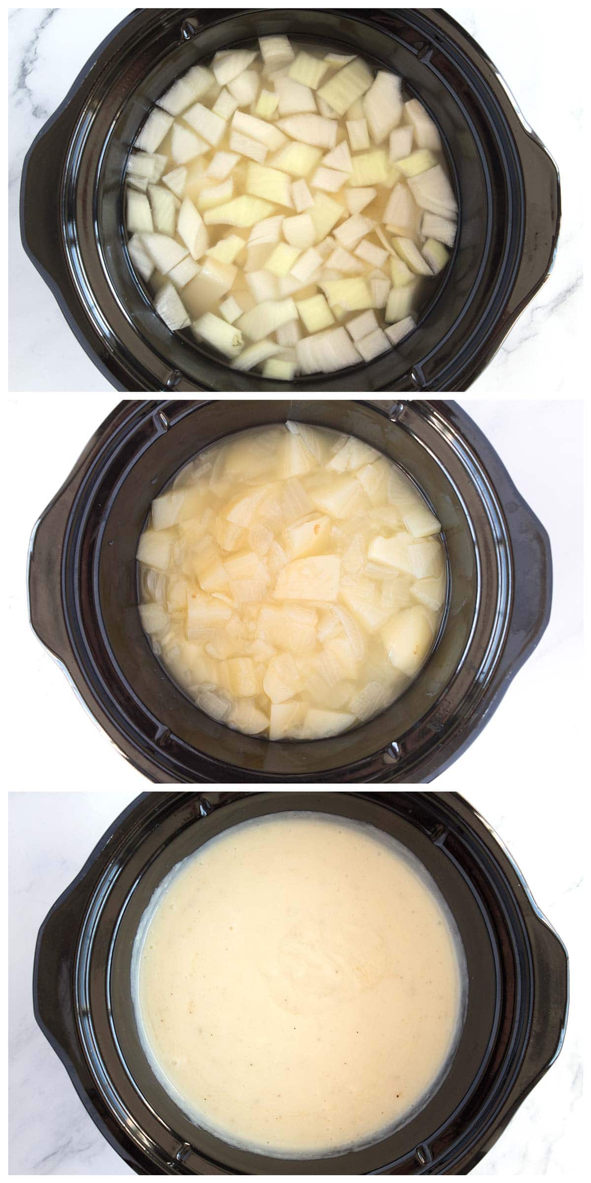 Instructions on how to make potato soup in a crock pot.