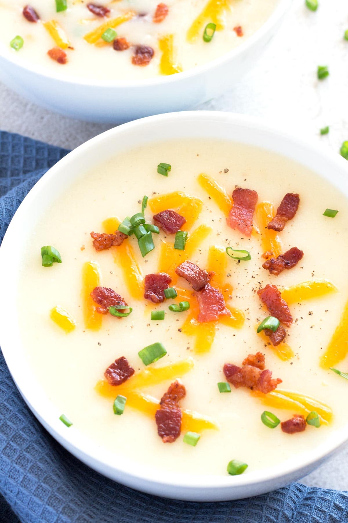 Close-up of an easy bowl of potato soup.