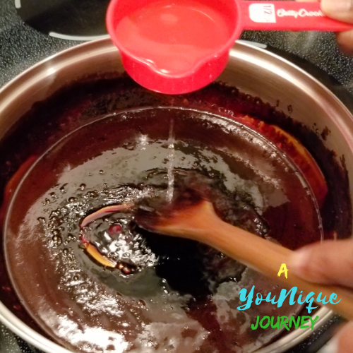 Add boiling water with melted dark sugar to make a homemade brown sauce.