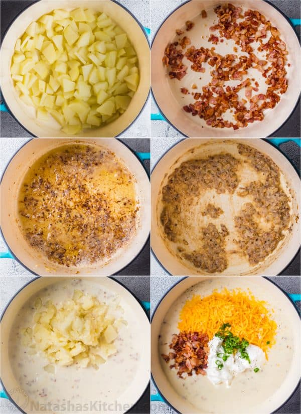Collage step by step how to make potato soup loaded.
