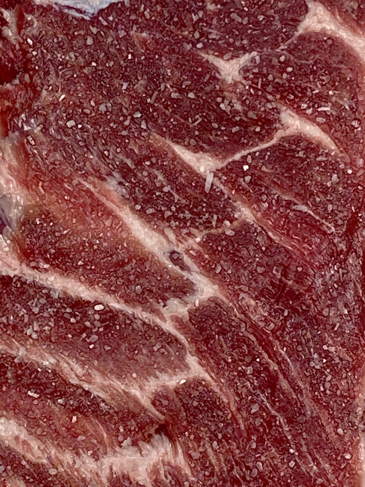 Close up image of salt coverage on the rack of ribs during the dry brine stage.