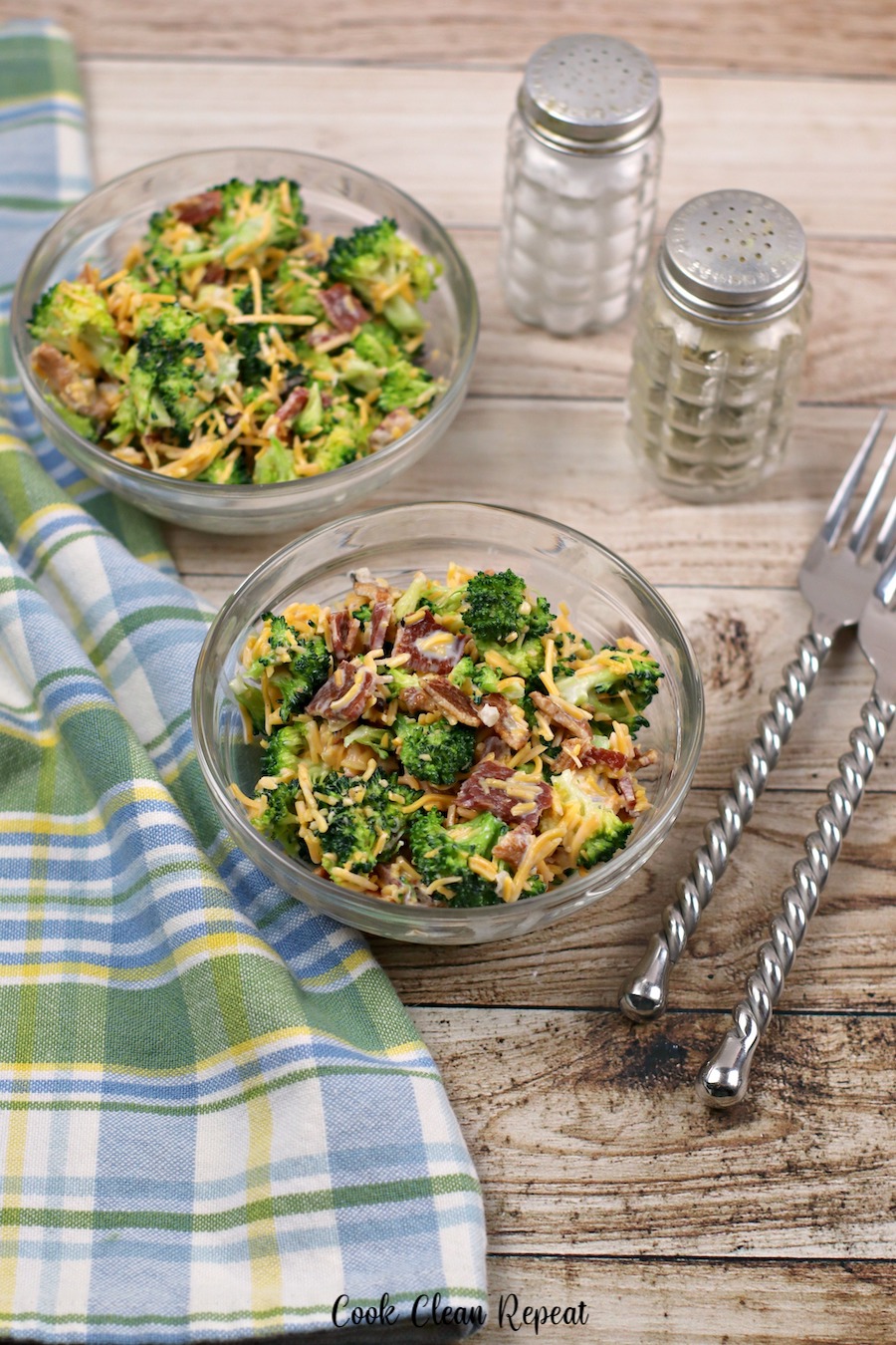 Another pin shows the title in the center and the finished broccoli salad on top and bottom.