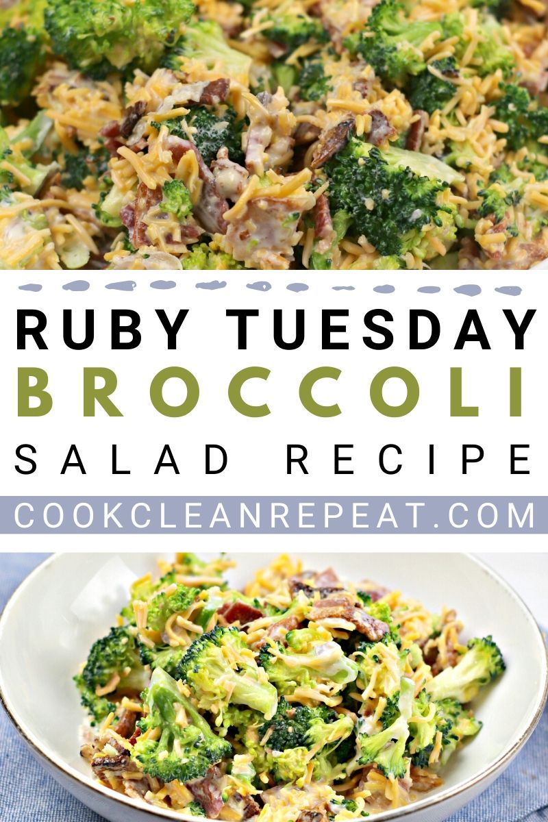 Another pin shows the finished broccoli salad with the title in the middle ready to share.