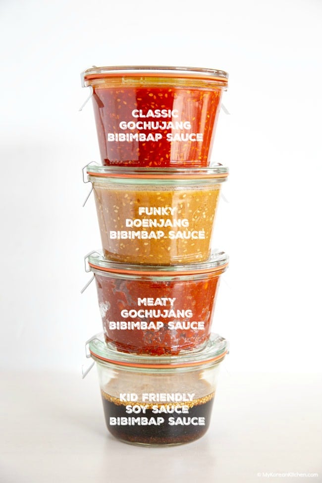 4 types of bibimbap sauce in a glass container