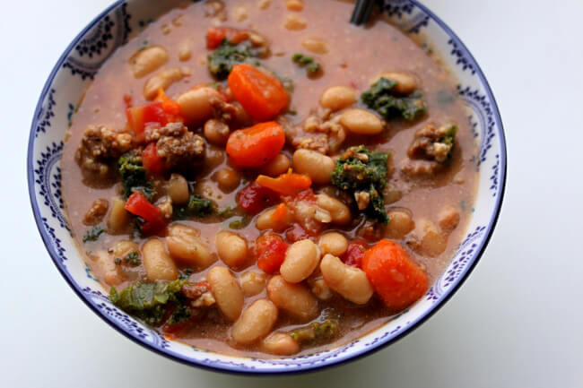 Tuscan Instant Pot Sausage White Bean Soup Instant Pot Dried white beans are pressure cooked quickly and make a wonderful soup with salami, carrots, tomatoes, kale and parmesan cheese. The taste is unbelievably good! This soup is naturally gluten-free. 