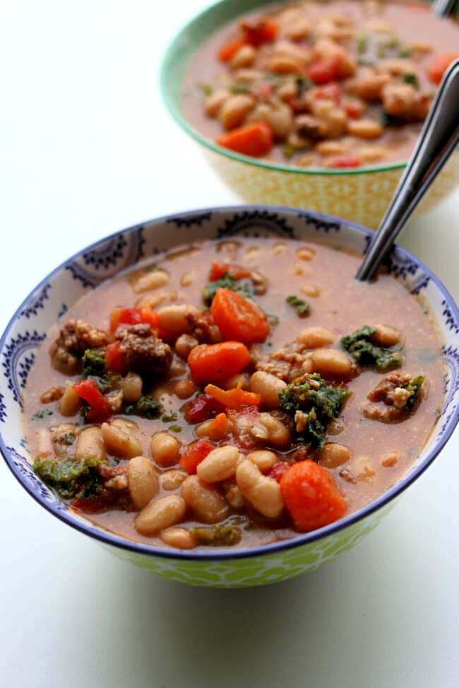 Tuscan Instant Pot Sausage White Bean Soup Instant Pot Dried white beans are pressure cooked quickly and make a wonderful soup with salami, carrots, tomatoes, kale and parmesan cheese. The taste is unbelievably good! This soup is naturally gluten-free. 