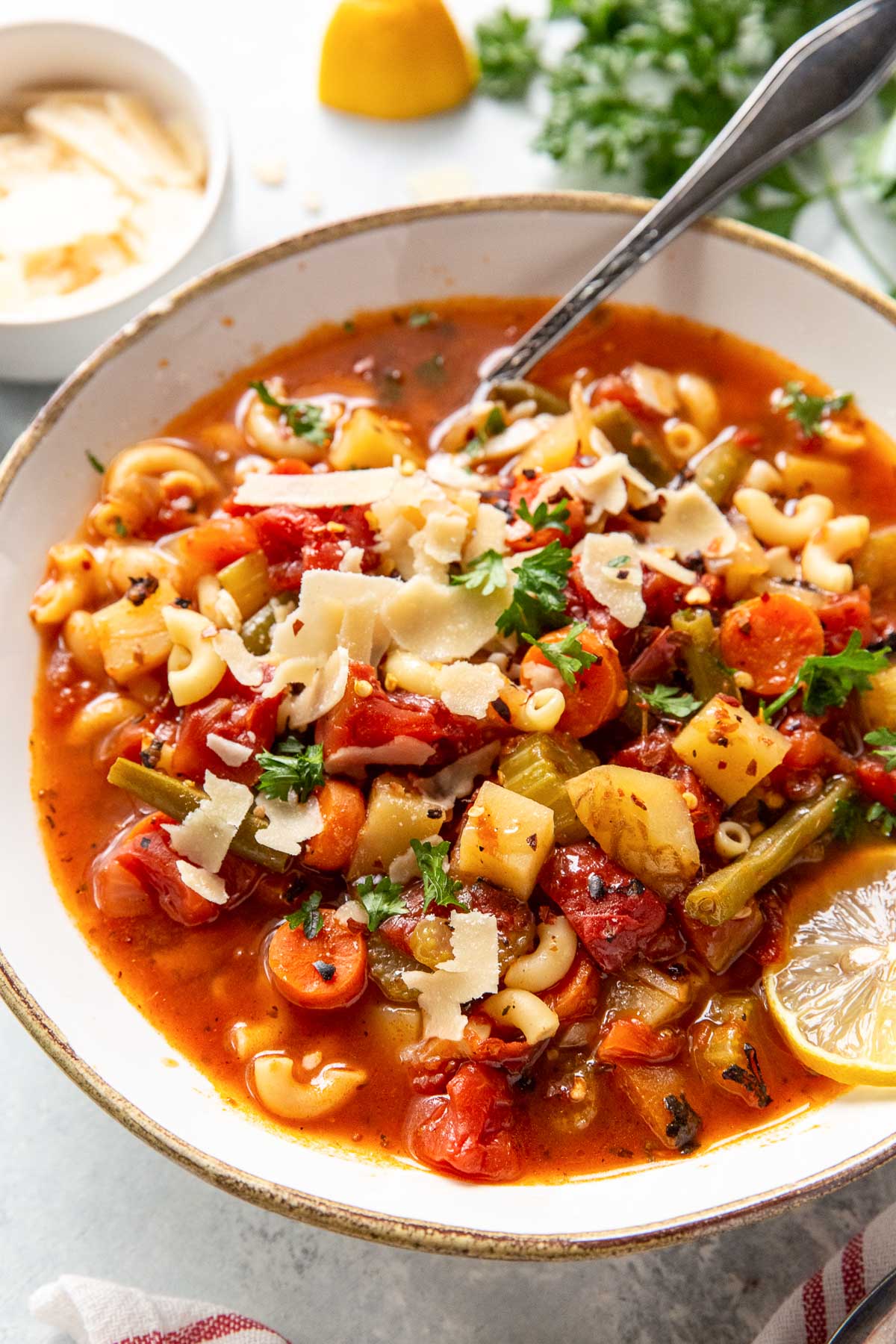 minestrone soup in instant pot with lemon, parmesan and parsley