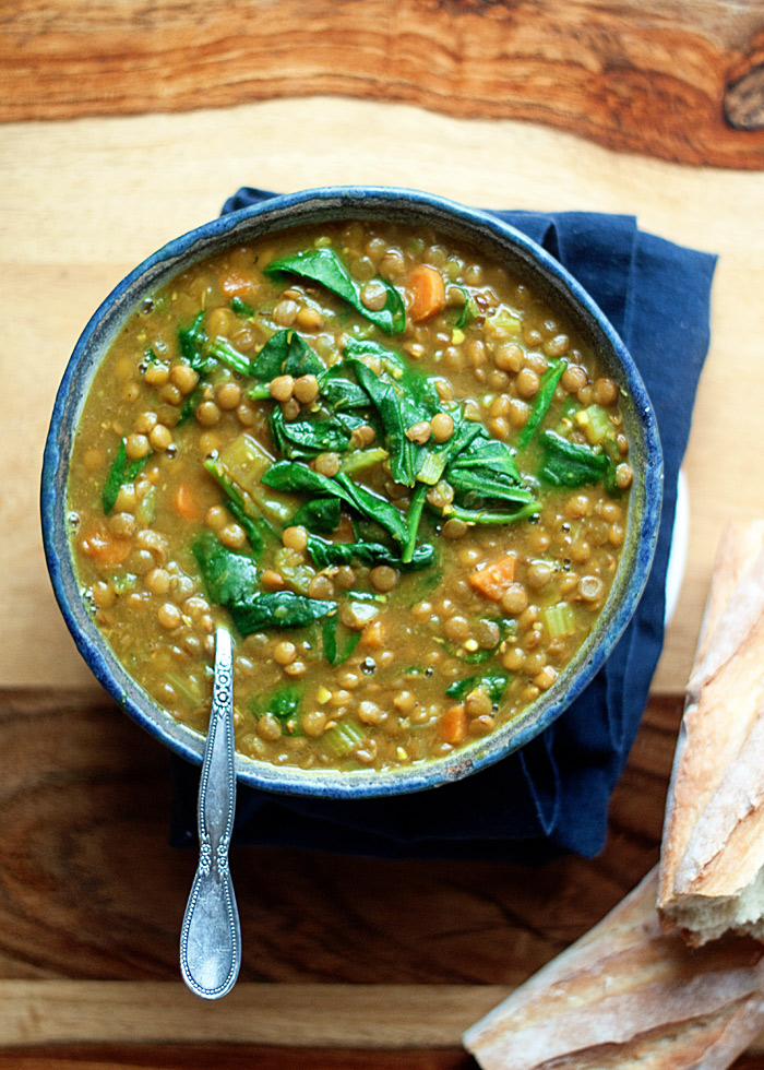 Yellow lentil and spinach soup in an instant pot