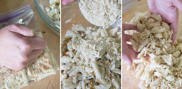 Add saltine crackers to crab meat