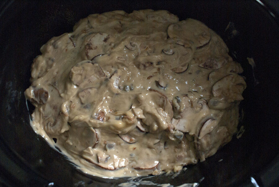 Close-up of the recipe for shredded chicken in a pot