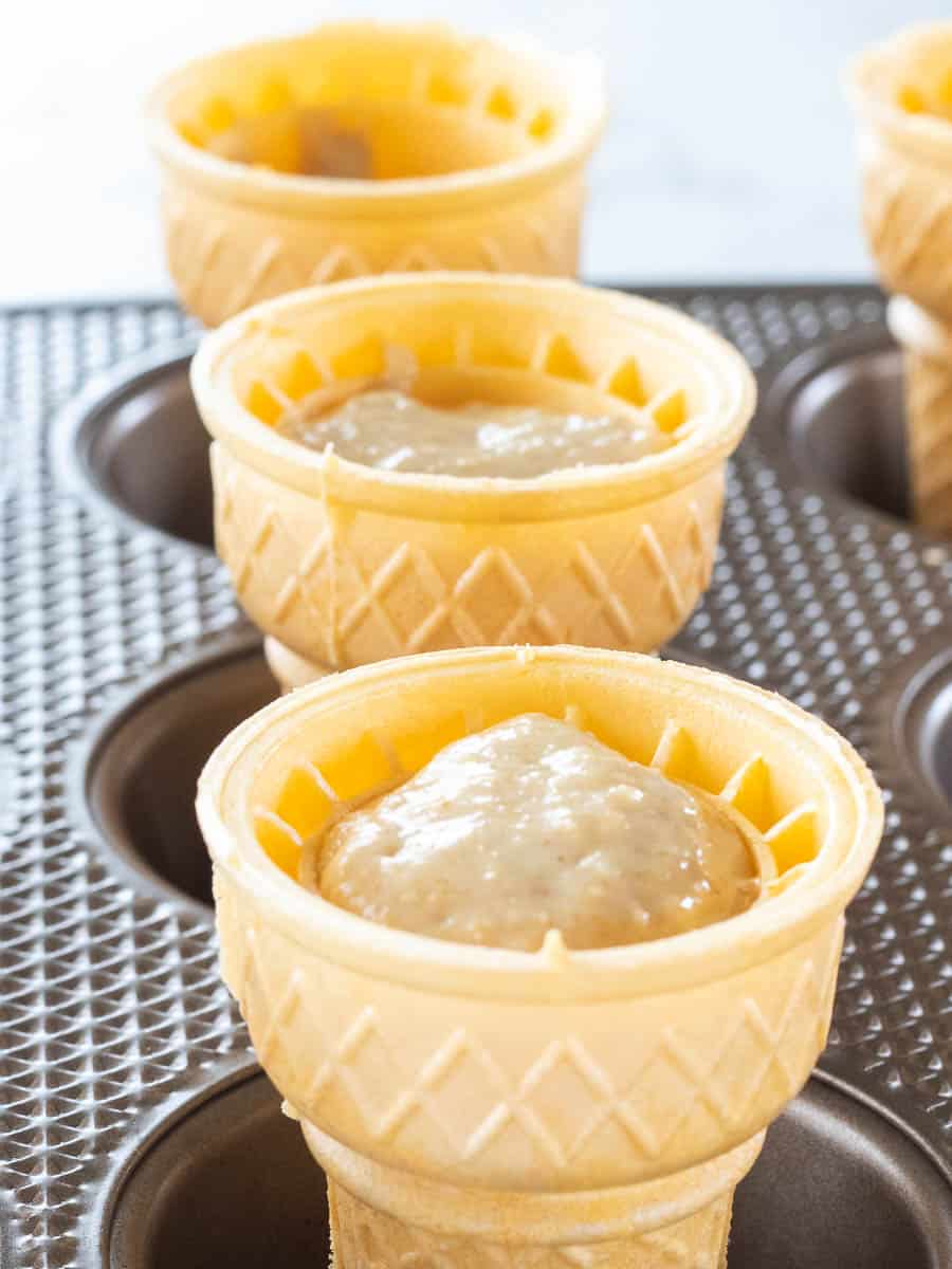 Ice cream cone cupcakes come in muffin tins.