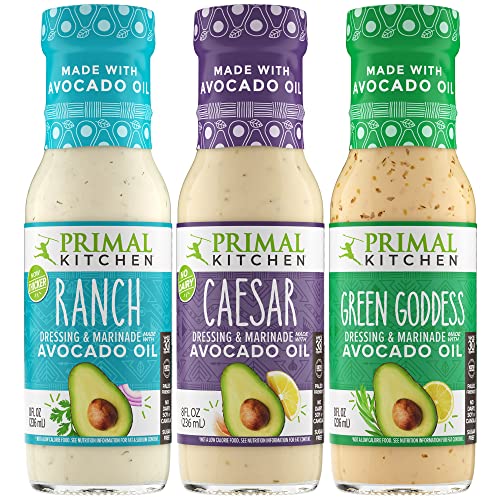 Primal Kitchen Ranch, Caesar and Green Goddess Salad Dressing & Marinade made with Avocado Oil Variety Pack, Whole30 Approved, Paleo Friendly and Keto Certified, 8 Fluid Ounces, Pack 3