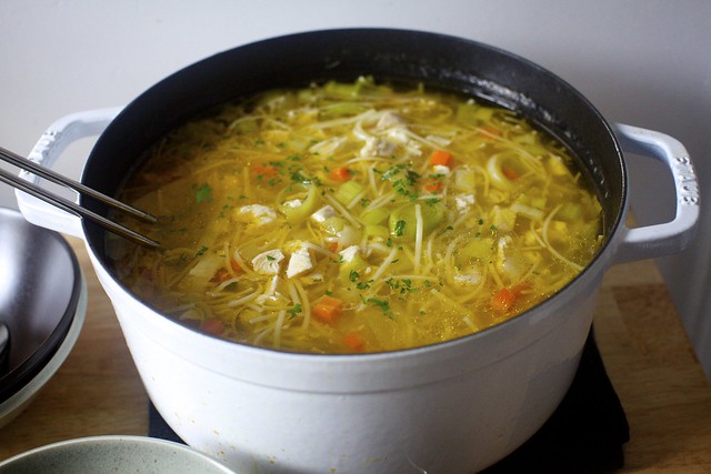 Chicken soup mixed with noodles