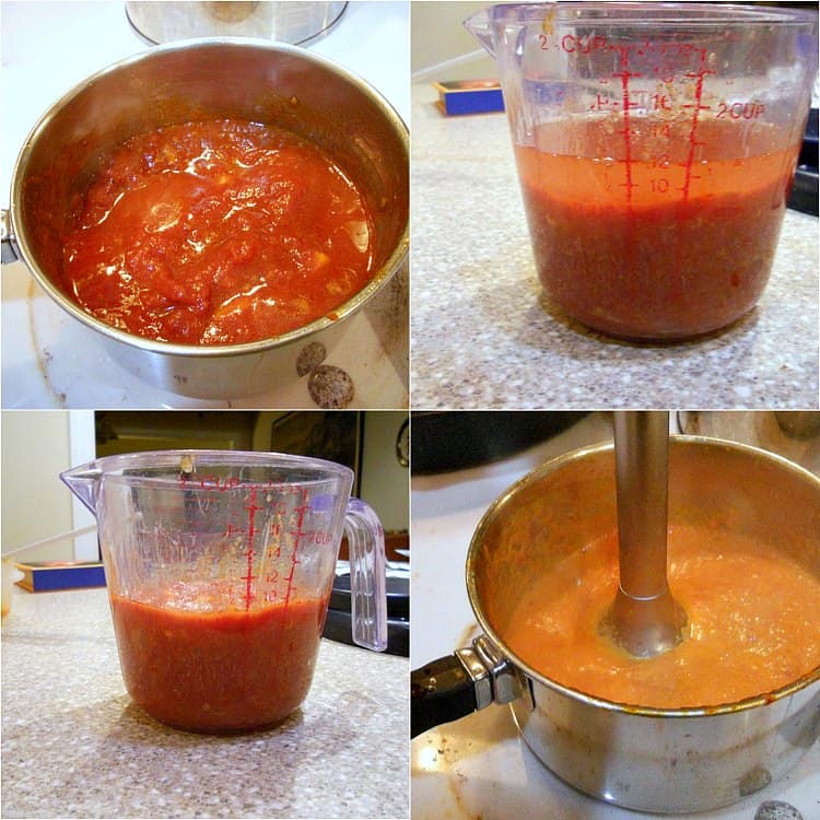 Collage 4 pictures showing how to make and mix pasta sauce.