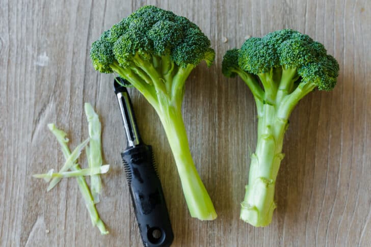 Fresh peeled broccoli used in broccoli and cheese soup