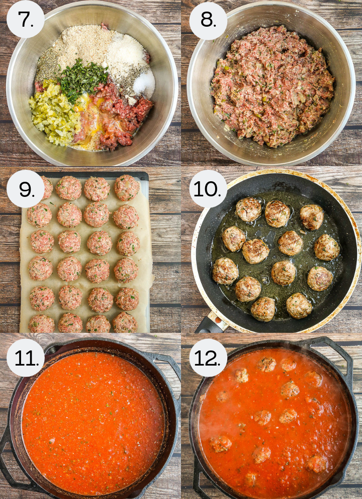 Step-by-step instructions on how to make Sunday Sauce and Meatballs. Combine meatball ingredients (7), mix with hands (8), form meatballs (9), brown meatballs (10), heat sauce over very low heat (11), add Add the meatballs to the sauce and cook for 2-3 hours (12).