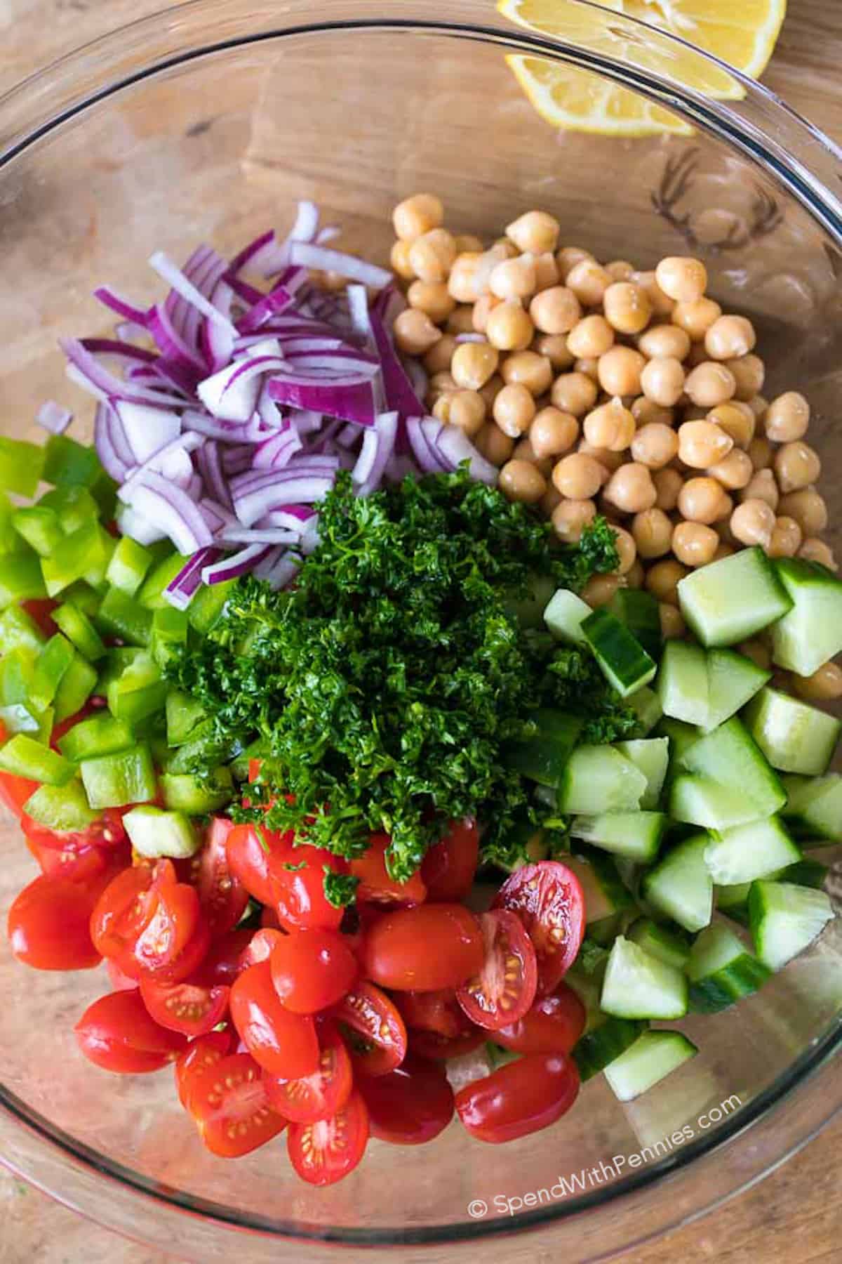 Green bean salad ingredients in bowl