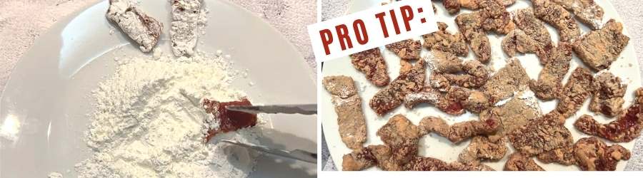 Add cornstarch - Before stir-frying, dip both sides of beef (red meat) in cornstarch then separate, but drain when frying. This step is after marinating the beef.