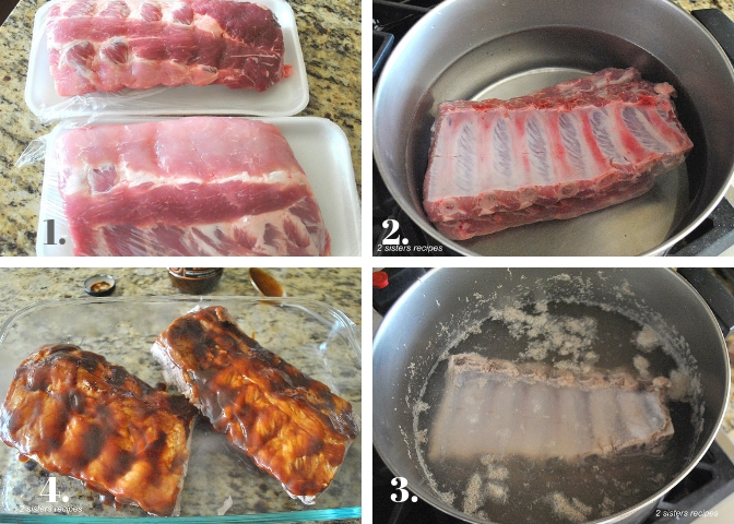 Four photos of ribs in a pot of boiling water by takeoutfood.best
