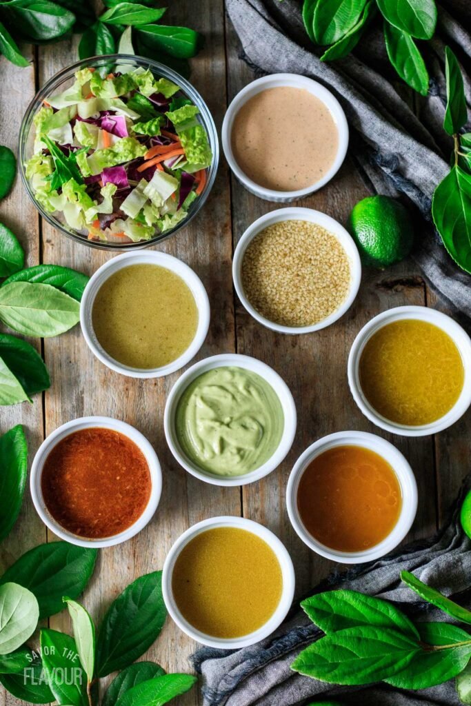 white bowl filled with eight different Chick-fil-A copcyat salad dressings