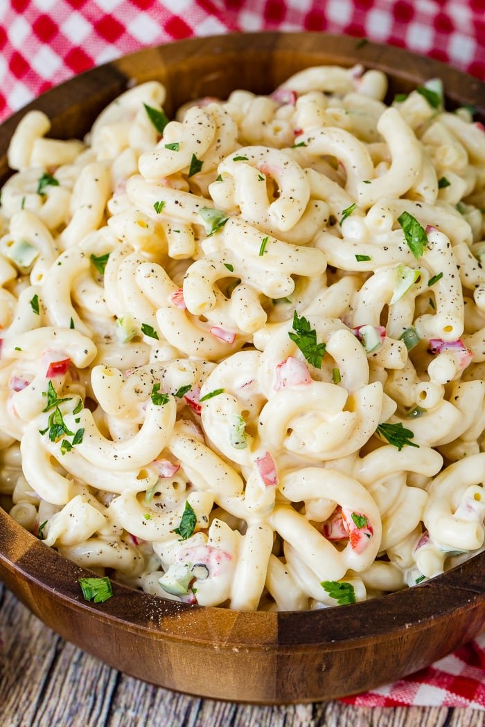 Close-up image of a creamy pasta salad recipe.