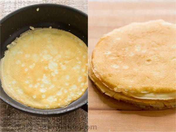 Two photos of a crepe in a pan and one in a stack of crepes
