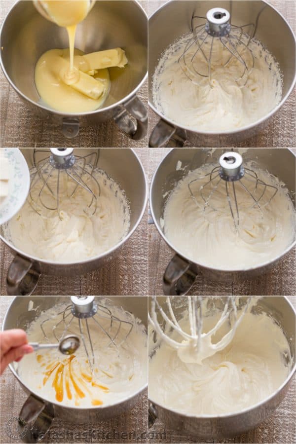 Six photos of mixing bowls topped with icing for a blended crepe