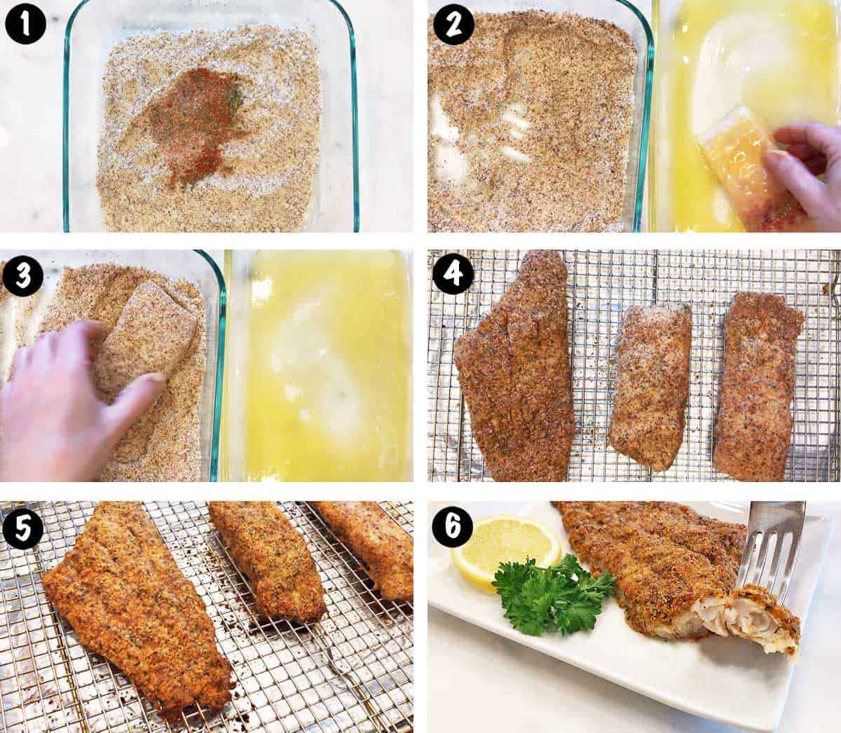 Collage of steps to bake catfish in the oven.