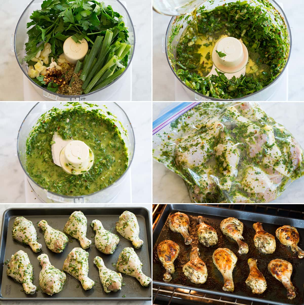 Collage six pictures showing how to make sauces in a food processor. Then add the chicken thighs to the herb sauce mixture. And finally show the blank pieces on the baking sheet before and after baking.
