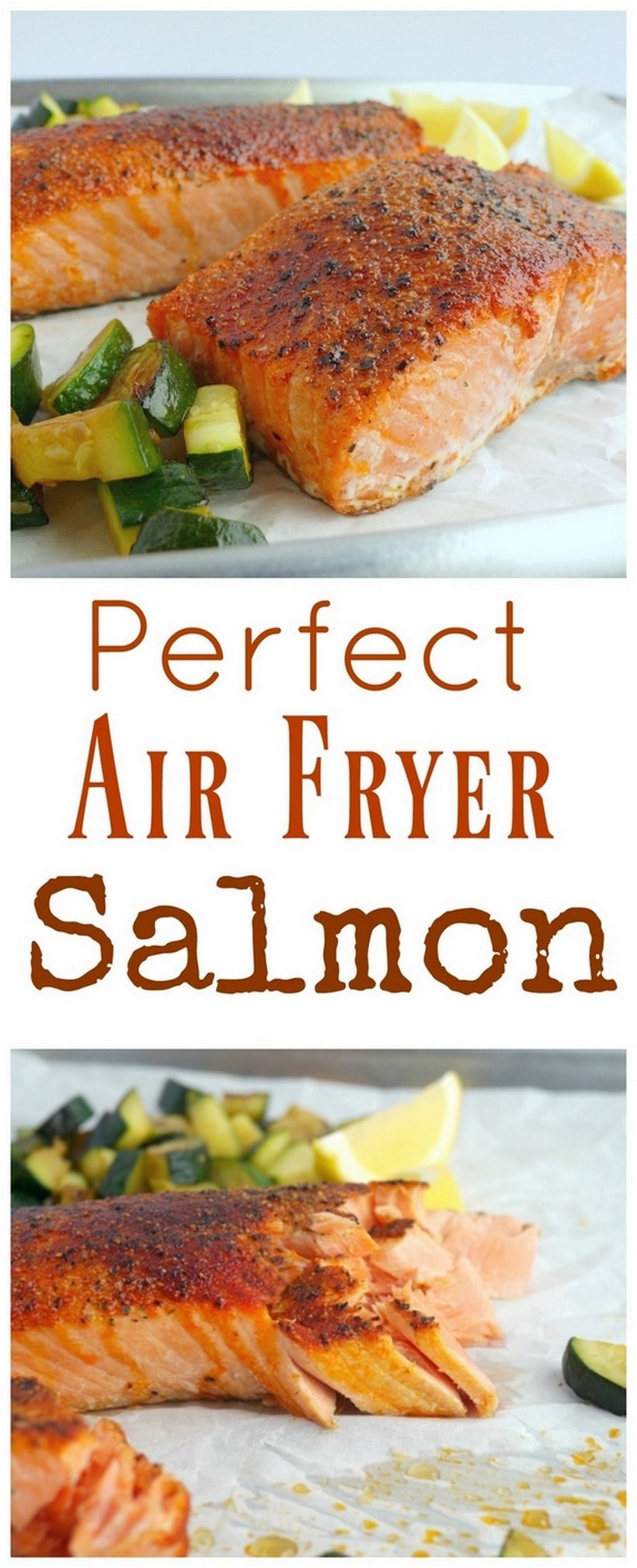 Piece of cooked salmon with the words perfect air Frieder fish printed on the picture.