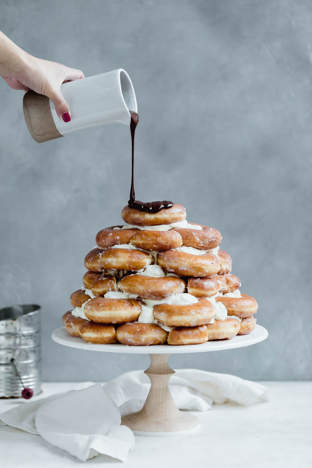Tall Krispy Kreme donuts covered with chocolate coating