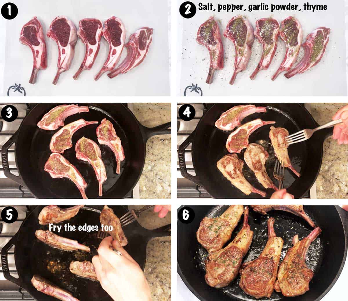 A collage showing the steps for pan-fried lamb chops.