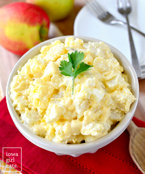 Classic creamy potato salad in a serving bowl