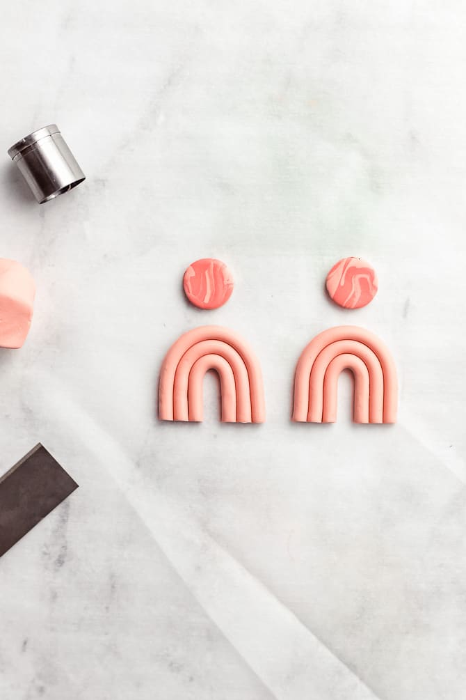 Peach pink polymer clay rainbow arch earrings