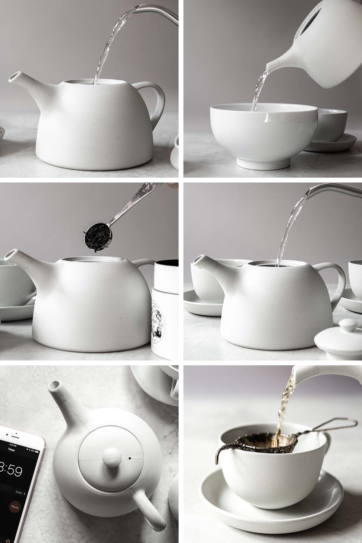 6 photos showing step-by-step instructions for making tea.
