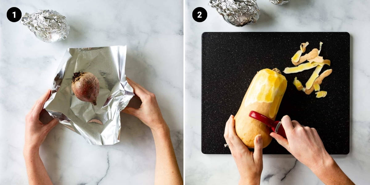 Beets wrapped in foil and a pumpkin being peeled.