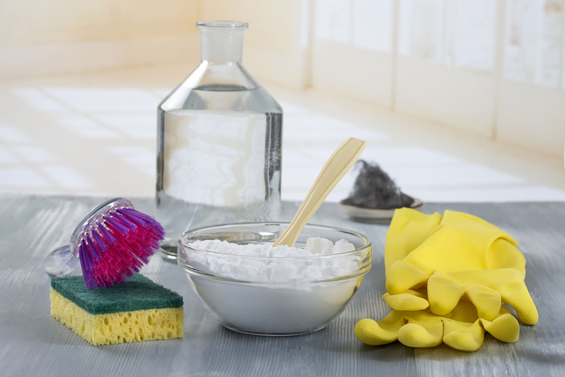 Sanitize setting with glove brush, baking soda and vinegar