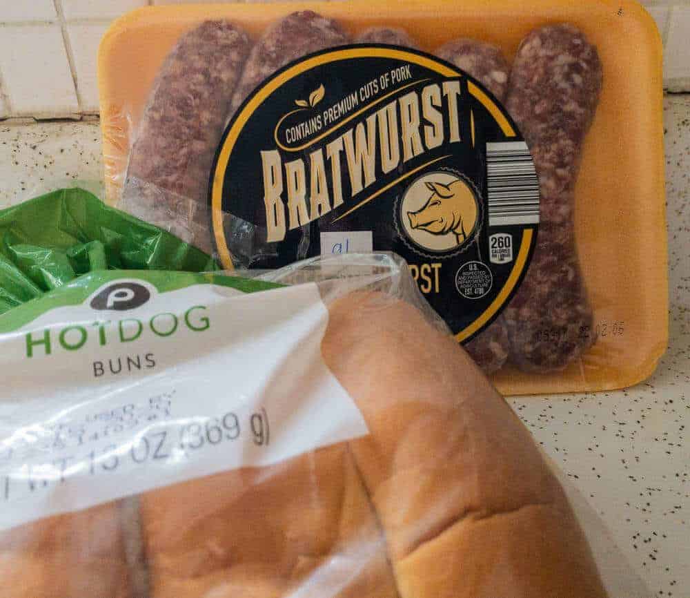 raw bratwurst and smoked buns