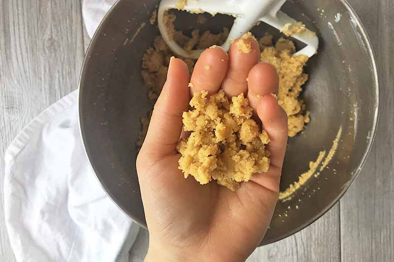 A hand with a crumbled mass of a yellow mixture.