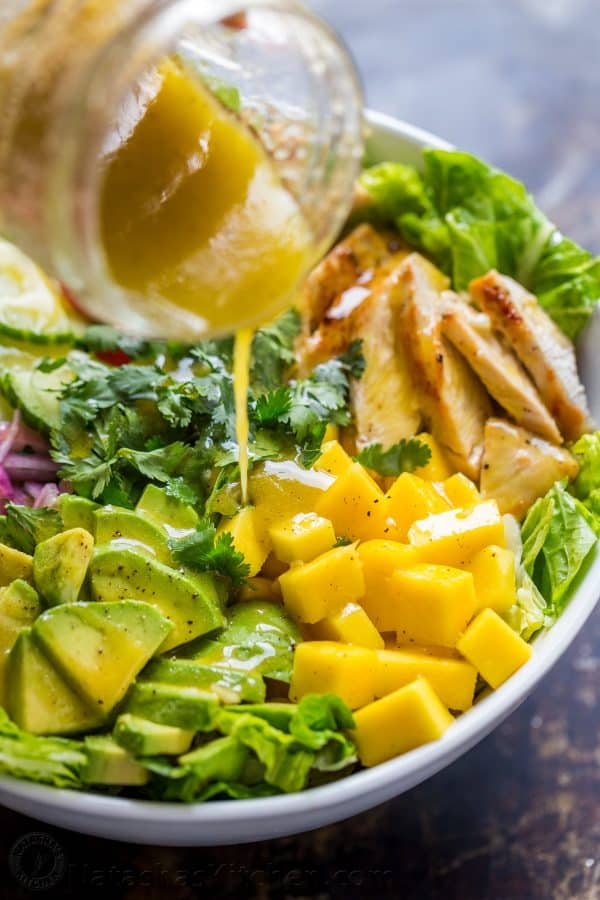 honey vinaigrette dressing on mango chicken salad with a taste just like a cheesecake factory recipe